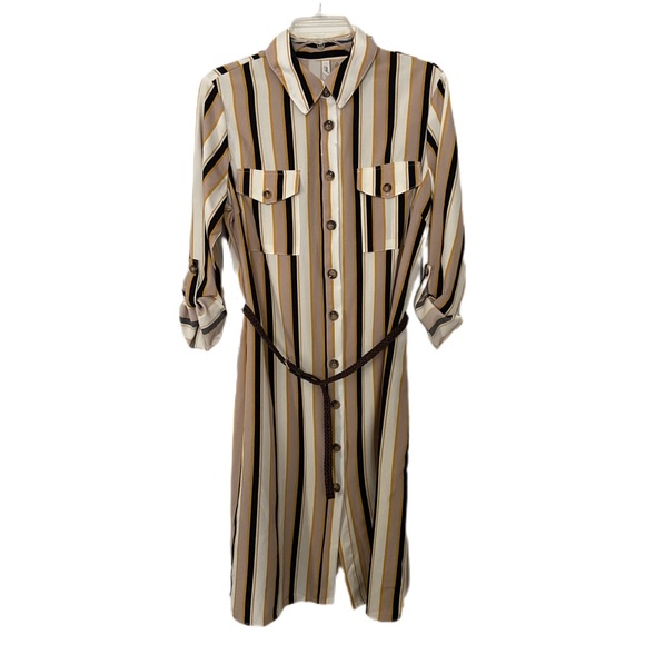 NY Collection Taupe and Navy Striped Long Sleeve Dress Business Casual, Classic - Picture 1 of 12